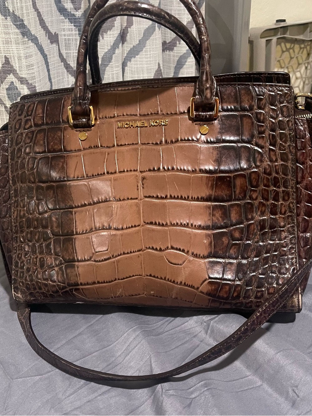 Michael Kors Two-Tone Brown Croc-Embossed Leather Satchel with Gold Hardware